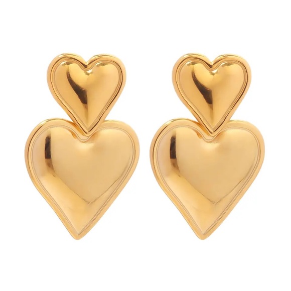 ◾️18k Gold Plated Double Heart Pendant Drop Earrings - Picture 7 of 11